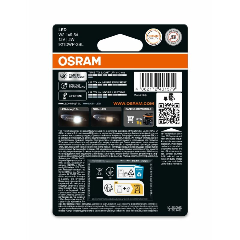 OSRAM LEMPUTĖS W16W 02B 12V 2W W2,1X9,5D
